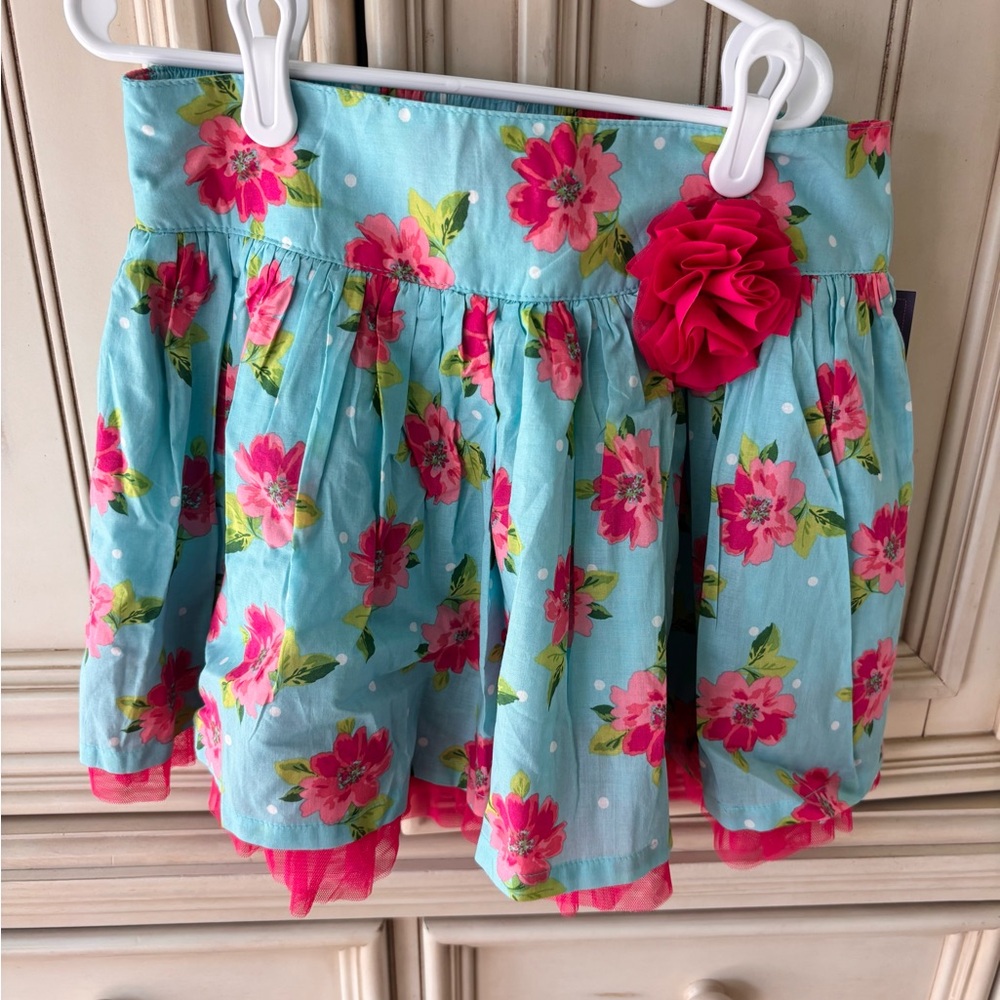 Cherokee Girls Aqua & Pink Floral Skirt with Hot Pink Trim NWT Sz L 10/12